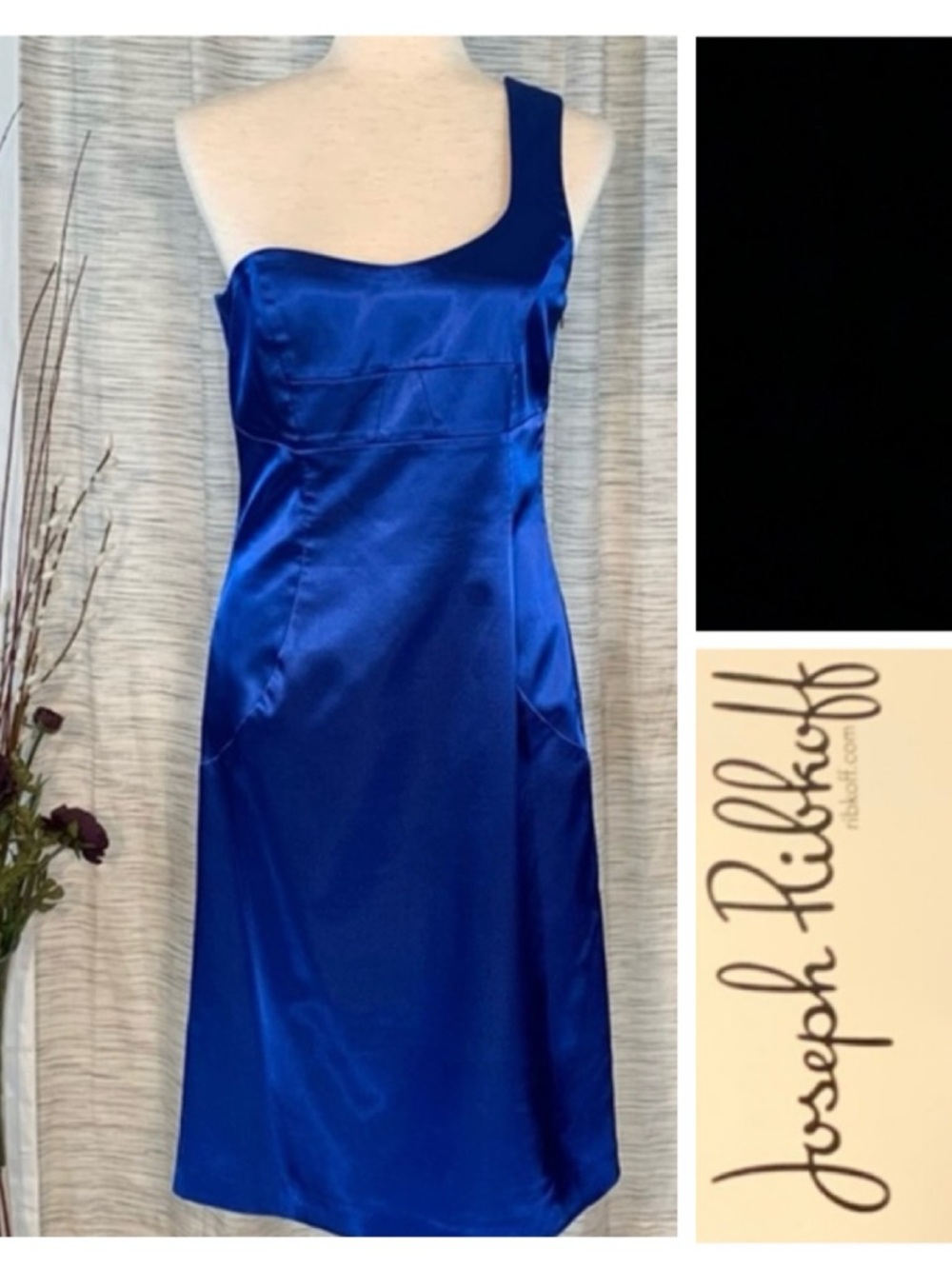 Joseph Ribkoff solid blue one-shoulder “satiny” cocktail dress.